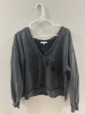 Z Supply Active Washed Black Faux-Wrap V-Neck Sweatshirt